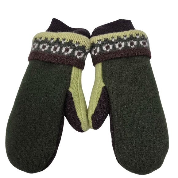 Handcrafted Wool Blend Knit Mittens Brown & Green Nordic Pattern Cuffs Adult M/L - Picture 2 of 8